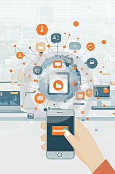 Digital illustration of an iPhone displaying cloud technology and app icons surrounded by data and laptops