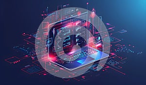 Digital Illustration of Laptop with Coding and Data Visualization, Software, web development and computer programming