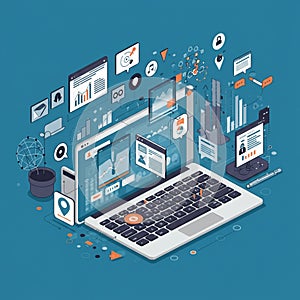 A digital illustration of a laptop with various data visualization elements emerging