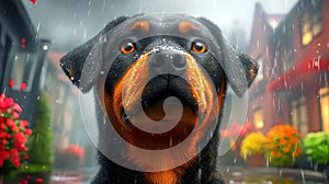 A digital illustration of a large, intelligent dog breed with distinctive markings, looking directly at the viewer photo