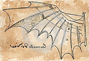 Digital illustration of Leonardo da Vinci wing sketch in sepia