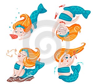 Digital illustration `Little mermaid` : orange and turquoise