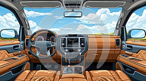 Digital illustration of Luxurious car interior with leather seats and modern dashboard. Upscale vehicle cockpit. Concept