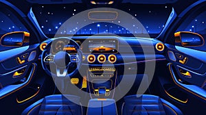 Digital illustration of Luxurious car interior with leather seats and modern dashboard. Upscale vehicle cockpit. Concept