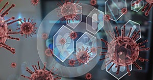 Digital illustration of macro Coronavirus Covid-19 cells floating And medical icons photo