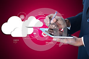 Man showing cloud technology in tablet computer
