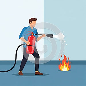 A digital illustration of a man using a fire extinguisher to douse a small fire indoors.
