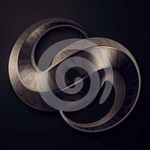 Digital illustration of metallic Mobius strip with depth of field effect. Luxury advertising 3d rendering art background