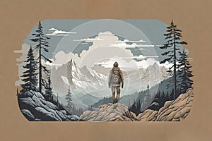 Digital Illustration Of A Mountain Climber, Mountain Top And Forest At Background