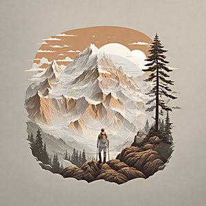 Digital Illustration Of A Mountain Climber, Mountain Top And Forest At Background