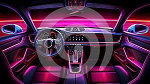 Digital illustration of neon purple luxury sports car interior with premium leather seats and modern dashboard. Upscale
