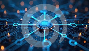 Digital illustration network connected nodes glowing lines. Concepts software-defined networking data communication. Data