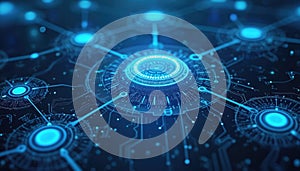 Digital illustration of network with connected nodes, glowing lines. Software-defined networking, data communication concepts.