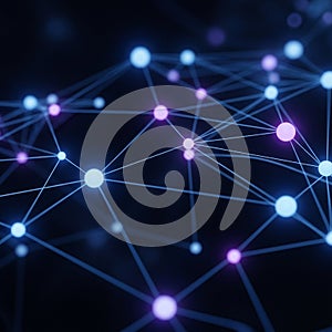 A digital illustration of a network of interconnected nodes on a dark background. The
