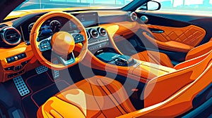 Digital illustration of orange luxury sports car interior with premium leather seats and modern dashboard. Upscale