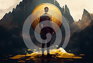 Digital illustration painting design style a businessman standing is in front of big gold coin. Generate Ai.