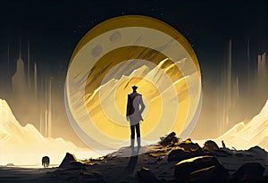 Digital illustration painting design style a businessman standing is in front of big gold coin. Generate Ai.