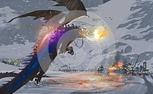 Digital illustration painting design style a huge dragon flying over snow and destroying a city with its fire, against snow