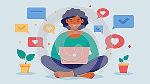 A digital illustration of a person sitting in front of a laptop surrounded by hearts and supportive messages from their