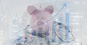 Digital illustration of a piggy bank standing on American dollar And graphs