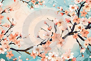 Digital illustration of pink cherry blossom, flowers blooming in summer, Generative AI