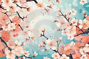 Digital illustration of pink cherry blossom, flowers blooming in summer, Generative AI