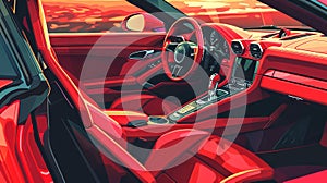 Digital illustration of red luxury sports car interior with premium leather seats and modern dashboard. Upscale vehicle