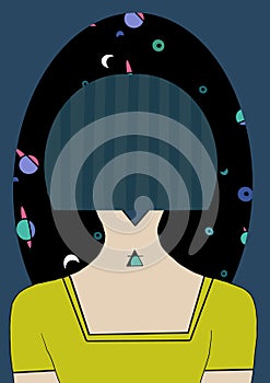 Digital illustration of a relaxed woman`s face, for stories, pop art style