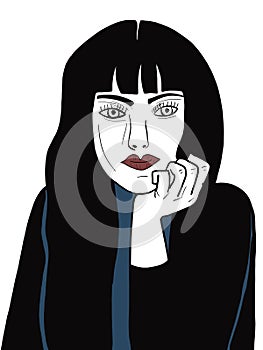 Digital illustration of a relaxed woman`s face, for stories, pop art style