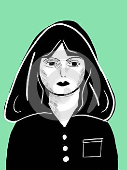 Digital illustration of a relaxed woman`s face, for stories, pop art style