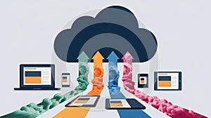 A digital illustration representing cloud computing with devices and colorful data streams.