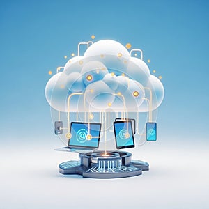 A digital illustration representing cloud computing technology. A large, stylized cloud