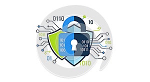 Digital Security Icon Padlock and Shield with Binary Code, Cyber Security Concept