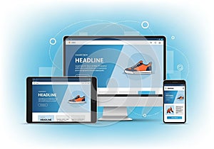 Digital illustration of a responsive web design shown on various devices: a smartphone, tablet, and