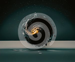 Digital illustration of a round black and golden mass approaching the surface of the water