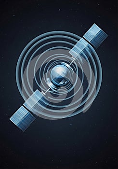 A digital illustration of a satellite in space with a central spherical