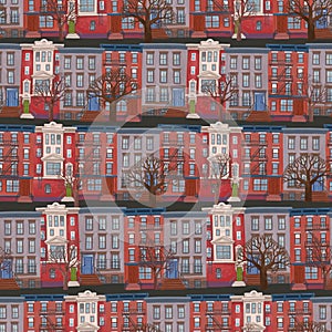 Digital illustration. Seamless pattern of multistory building with trees like street drawing in kids stile