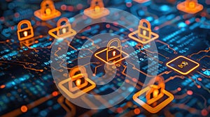 Cybersecurity Technology Concept with Glowing Padlocks and Binary Code Background