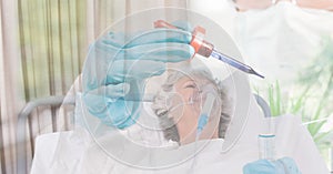 Digital illustration of a senior female patient lying on hospital bed over a scientist wearing coron