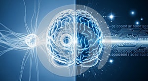 A digital illustration of a brain with neural networks and binary code on a blue background
