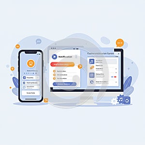 A digital illustration showcases a smartphone and desktop computer displaying user