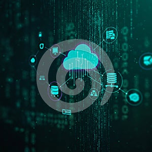 Digital illustration showcasing a cloud computing concept. A central cloud icon is
