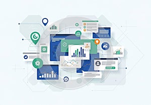 A digital illustration showcasing an interconnected network of various elements such as graphs,