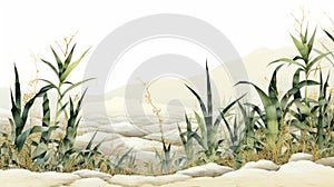 Hazy Landscape Illustration Of Wheat With Rocks In Manga Style