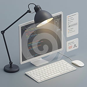 A digital illustration shows a desk setup with a computer monitor displaying colorful