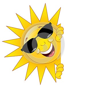 Digital illustration of smiling sun with sunglasses isolated on white background