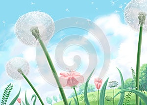 Digital illustration of soft green meadow and blue cloudy sky background