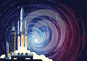 A digital illustration of a space shuttle launching from a launchpad,