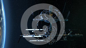 Digital Illustration of a Space Station Orbiting Planet.