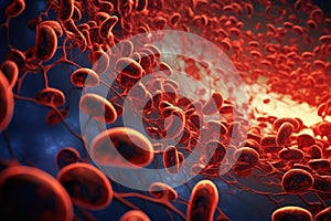 Digital illustration of sperm in colour background. 3D rendering, A 3D rendering of a blood vessel with blood cells flowing in